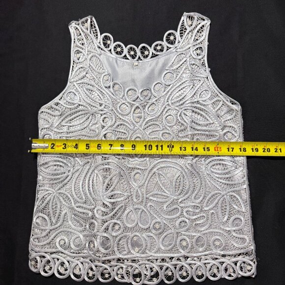 Satin Embroidered Over Mesh Jacket & Lined Sleeveless blouse. Large Silver - Picture 11 of 13